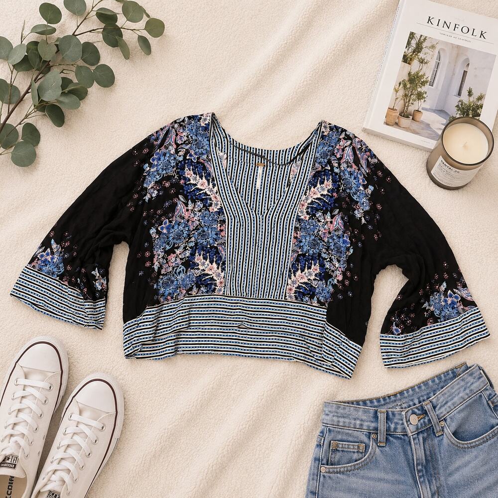 Free People Boho Floral Mixed Print Crop Top Blouse Size M